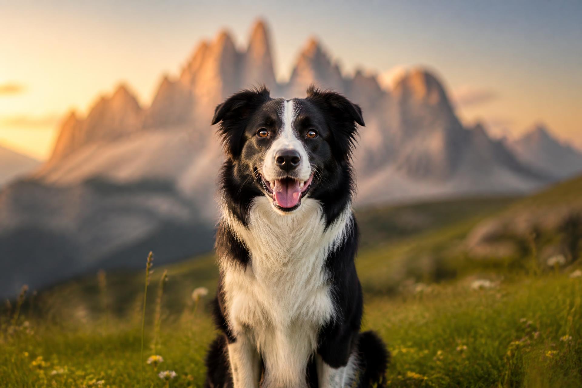 Border Collie felice davanti alle Dolomiti in Val di Fassa